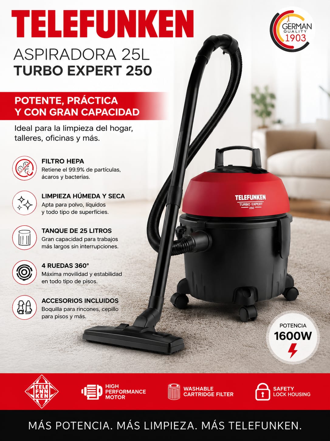 Aspiradora Telefunken Turbo Expert 250 - 25L      (1600W Polvo y Líquidos con Filtro HEPA)