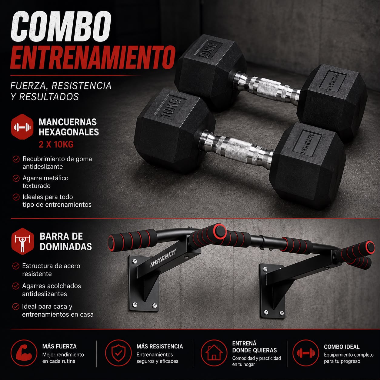 Combo Entrenamiento Funcional en Casa Reforzado   Barra Larga + 2 Mancuernas 10kg